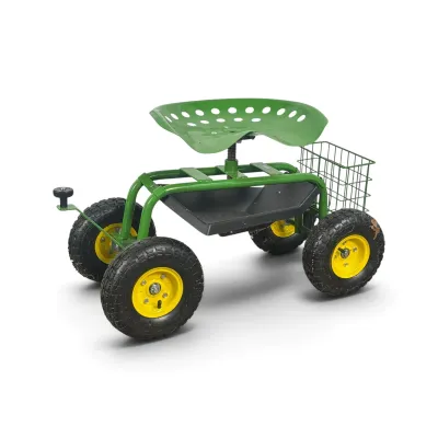 Sale Photo Thumbnail #218: Rolling garden work seat in green and yellow, featuring an adjustable tractor-style seat, under-seat storage tray, rear wire basket, and heavy-duty pneumatic tires.