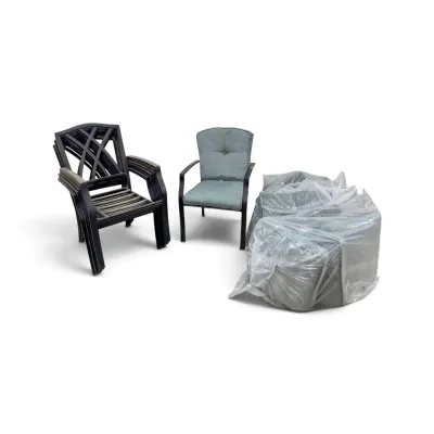 Sale Photo Thumbnail #239: Set of metal patio armchairs, including a stack of black frames, one assembled chair with light blue cushions, and additional cushions wrapped in protective plastic.