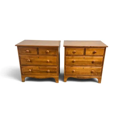 Sale Photo Thumbnail #106: Pair of vintage maple or cherry nightstands, each featuring two small top drawers over two full-width drawers with wooden knobs and bracket feet.