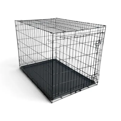 Sale Photo Thumbnail #220: Black wire dog crate with a removable plastic bottom tray, featuring a double-door design with secure slide-bolt latches.