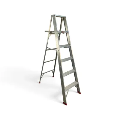 Sale Photo Thumbnail #222: Vintage aluminum A-frame stepladder with five steps and a fold-out utility shelf, showing light wear from use.