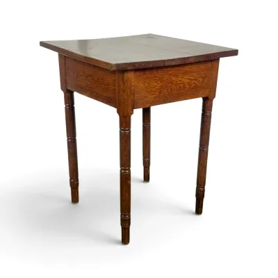 Sale Photo Thumbnail #84: Antique American oak side table featuring a square top, deep apron, and turned legs with a warm, distressed finish.