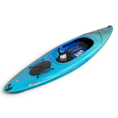 Sale Photo Thumbnail #267: Lifetime Cruze sit-in kayak in a blue and turquoise marbled finish, featuring a rear storage hatch, bungee rigging, and an adjustable seat.