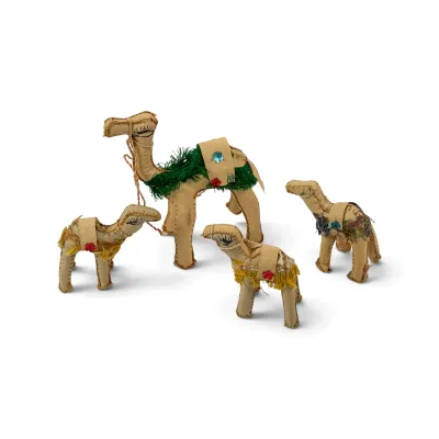 Sale Photo Thumbnail #19: Vintage set of four handmade leather camel figurines, featuring stitched details, colorful fringe blankets, and sequin embellishments.