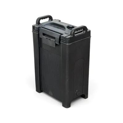 Sale Photo Thumbnail #313: Cambro Ultra Camtainer insulated beverage dispenser in black molded plastic, featuring a secure latch lid and top carrying handles.