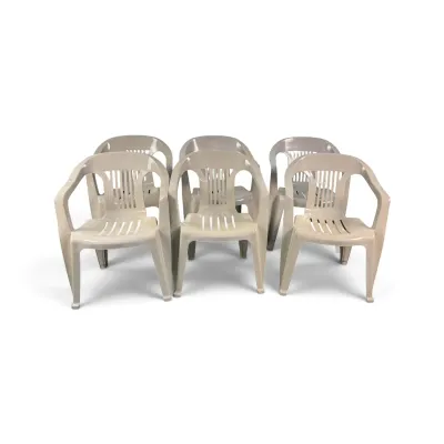 Sale Photo Thumbnail #72: Set of six beige molded plastic outdoor armchairs with slatted backs and seats.