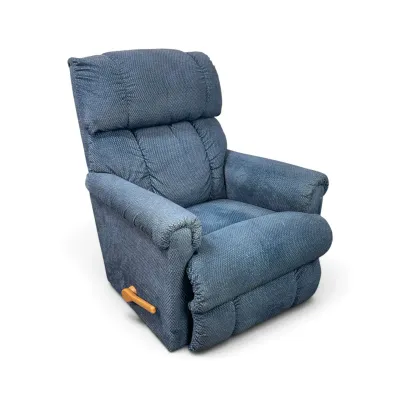 Sale Photo Thumbnail #135: La-Z-Boy style recliner upholstered in a textured blue fabric, featuring a wooden lever on the side and a plush, cushioned backrest.
