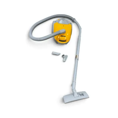 Sale Photo Thumbnail #159: Kenmore canister vacuum cleaner in bright yellow and gray, complete with hose, wand, floor head, and two attachment nozzles.