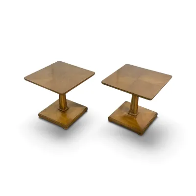 Sale Photo Thumbnail #48: Pair of mid-century modern walnut pedestal side tables with square tops and matching square bases.