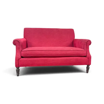 Sale Photo Thumbnail #206: Contemporary red upholstered loveseat featuring rolled arms, a single seat cushion, and dark turned wooden legs.