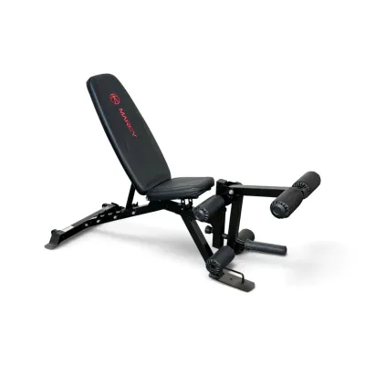 Sale Photo Thumbnail #311: Marcy adjustable weight bench with leg developer attachment, featuring black vinyl padding and a sturdy steel frame.
