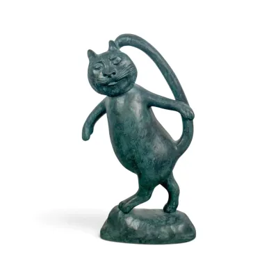 Sale Photo Thumbnail #79: Whimsical bronze cat sculpture with a green patina, depicting a stylized cat standing on its hind legs with an arched tail.