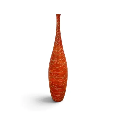 Sale Photo Thumbnail #51: Tall, slender floor vase in a vibrant orange hue, wrapped with decorative natural fiber string detailing.
