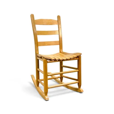 Sale Photo Thumbnail #34: Vintage oak ladder-back rocking chair featuring a slatted wood seat and a light honey finish.