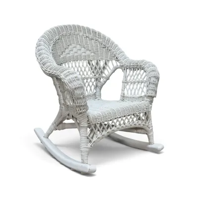 Sale Photo Thumbnail #193: Vintage white wicker rocking chair featuring an open-weave design and rolled armrests.