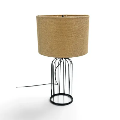 Sale Photo Thumbnail #14: Modern table lamp featuring a black wire cage base and a textured burlap drum shade.
