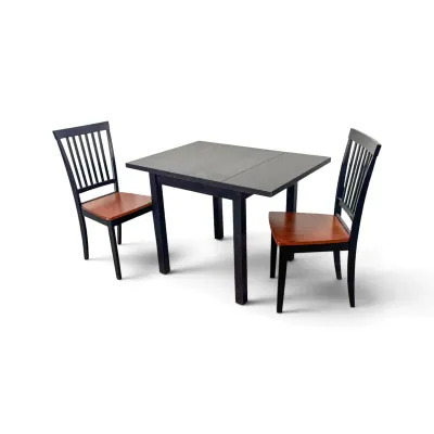 Sale Photo Thumbnail #144: Contemporary three-piece dining set featuring a dark-finished wooden table with a drop-leaf extension and two matching slat-back chairs with warm brown wooden seats.