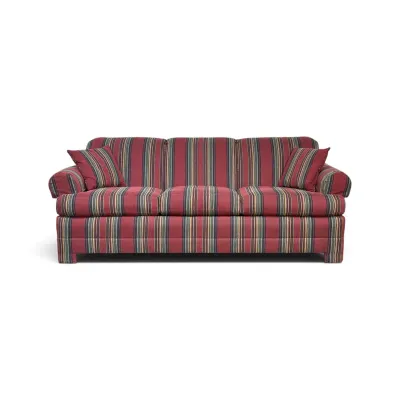 Sale Photo Thumbnail #261: Three-cushion sofa upholstered in a red, green, and gold multi-stripe fabric, complete with two matching throw pillows.