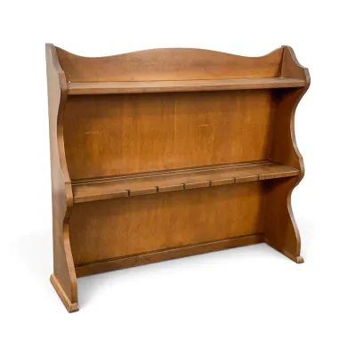 Sale Photo Thumbnail #171: Vintage maple hutch top or wall-mounted plate rack featuring curved side panels and a plate groove on the middle shelf.