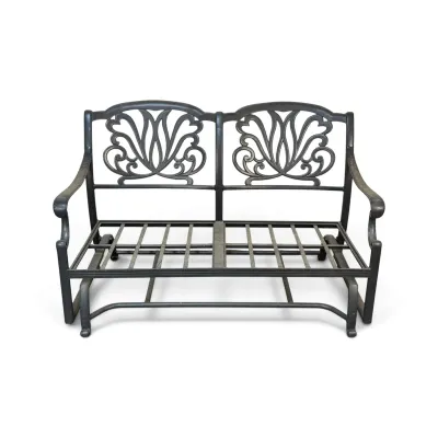 Sale Photo Thumbnail #260: Cast aluminum outdoor glider bench with a dark finish, featuring decorative openwork back panels in a stylized floral motif.