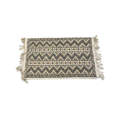 Sale Photo Thumbnail #303: Small woven accent rug featuring a geometric Southwestern-style pattern in black, tan, and cream with fringed ends.