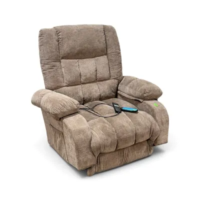 Sale Photo Thumbnail #167: Plush power lift recliner in taupe microfiber upholstery, featuring a wired remote control and padded armrests.