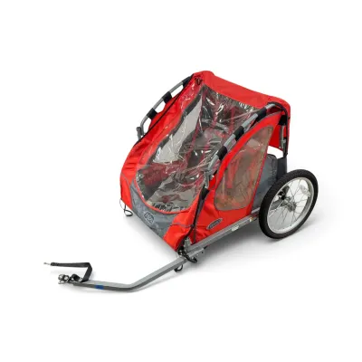 Sale Photo Thumbnail #225: InStep double child bike trailer in red and gray, featuring a clear weather shield, mesh ventilation, and a tow bar attachment.