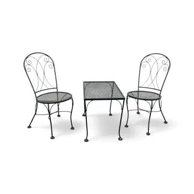 Sale Photo Thumbnail #229: Three-piece black wrought iron patio bistro set, including a rectangular mesh-top table and two matching chairs with scrollwork backs.