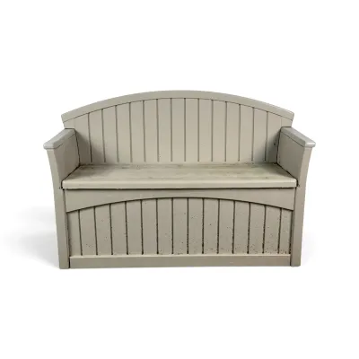 Sale Photo Thumbnail #214: Suncast outdoor plastic deck box bench in a light gray finish, featuring a beadboard design and integrated storage under the seat.