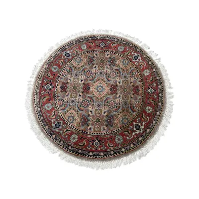 Sale Photo Thumbnail #296: Round Persian-style area rug featuring an intricate floral medallion design in red, blue, and beige tones with a fringed border.