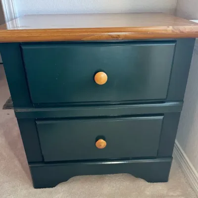 2-Drawer Wood Nightstand / Bedside Table – Dark Green & Natural Wood 24”W × 15”D × 23”H