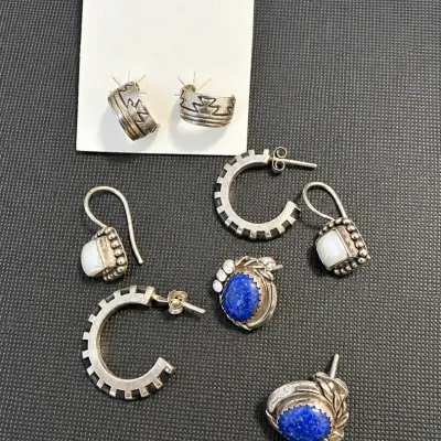 Sterling Silver Marked 925 Southwestern Earrings – Mother of Pearl, Blue Stone & Hoop Designs