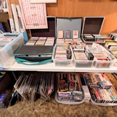 Sale Photo Thumbnail #87: 8 track tapes, cassette tapes, CDS, VHS tapes, and DVDs