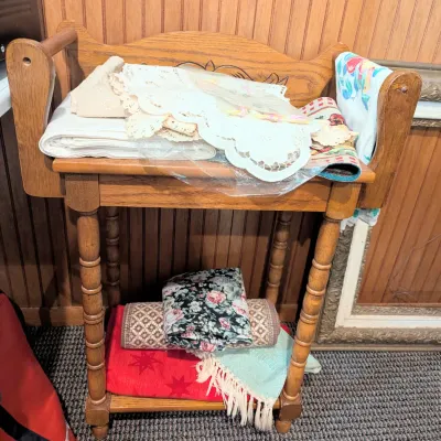 Sale Photo Thumbnail #54: Vintage dry sink and tablecloths/table runners