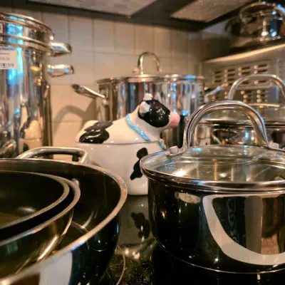 Collection of stainless steel cookware, nonstick pans, and a ceramic black-and-white cow teapot arranged on a stovetop.