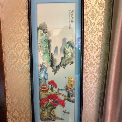 Vintage Chinese mother-of-pearl and shell relief shadowbox art depicting a mountain landscape, housed in a black frame with a traditional...