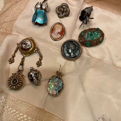Collection of vintage and antique jewelry, including cameo brooches, a skull charm, an abalone pendant, and various decorative pins.