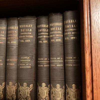Antique collection of Waverley Novels Illustrated Library Edition volumes, featuring dark cloth bindings with gilt lettering and embossed...