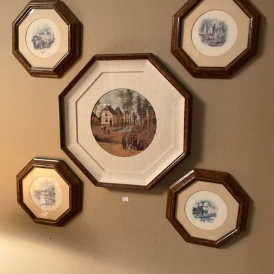 Five-piece wall art set featuring circular landscape prints housed in matching octagonal wooden frames with wide matting.