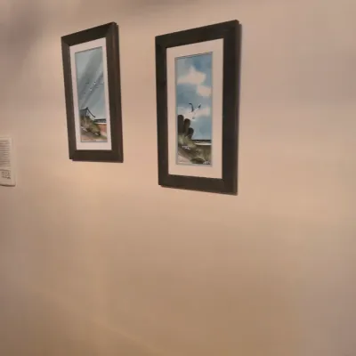 Sale Photo Thumbnail #82: Pair of framed vertical coastal art prints depicting seagulls and beach scenes, housed in dark wood frames with white matting.