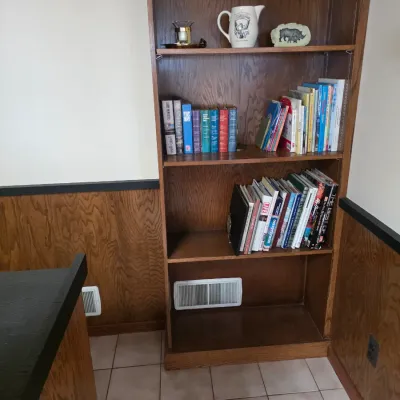 Sale Photo Thumbnail #19: Tall oak-finish laminate bookcase with adjustable shelves, holding various books and decorative items.