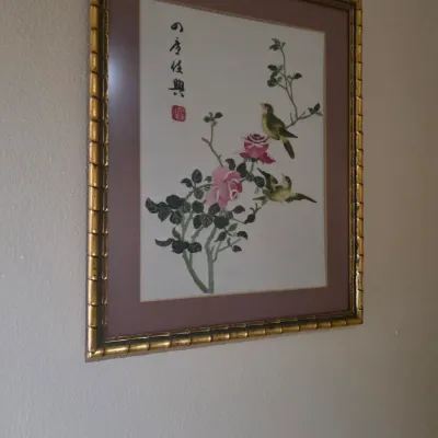 Sale Photo Thumbnail #12: Framed Asian silk embroidery featuring birds and pink roses, housed in a gilded faux-bamboo frame with a mauve mat.