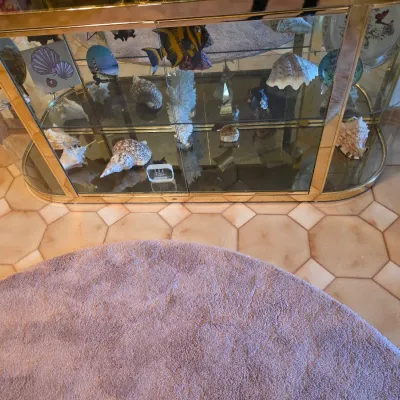 Sale Photo Thumbnail #5: Vintage brass and glass display cabinet with curved ends, filled with a collection of decorative seashells and ocean-themed items.