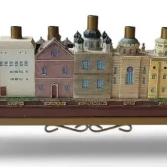 Sale Photo Thumbnail #7: Synagogues of Europe Hanukkah Menorah – Vintage Multi-Synagogue Chanukiah