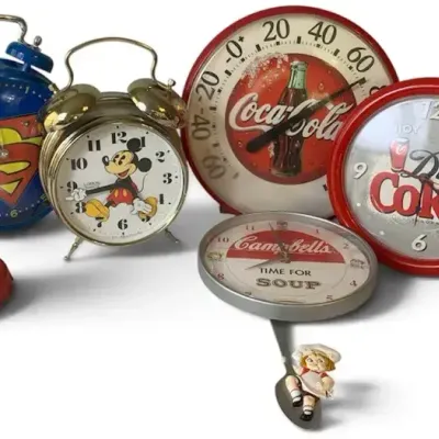 Sale Photo Thumbnail #25: Coca-Cola & Campbell's Vintage Clocks, Superman, Mickey Mouse & Diet Coke – 5 Clocks + Thermometer