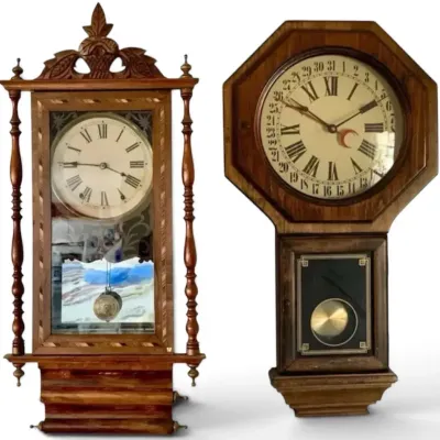 Sale Photo Thumbnail #17: Vintage Wooden Pendulum Wall Clocks – Ornate Regulator & 31-Day Calendar Clock, 2-Pc Lot