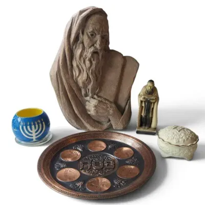 Sale Photo Thumbnail #13: Vintage Judaica Lot – Passover Seder Plate, Jewish Figures, Menorah Glass & Lidded Dish