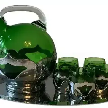Sale Photo Thumbnail #4: Farber Bros. Green Glass Decanter Set – 5 Glasses & Metal Tray, 7-Pc