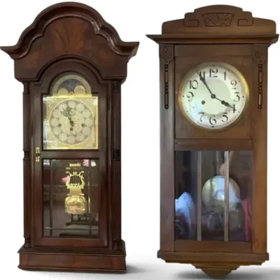 Sale Photo Thumbnail #15: Vintage Wooden Pendulum Wall Clocks – Sligh Model 0714-2-AN, Hurra! Gong, 2-Pc Lot