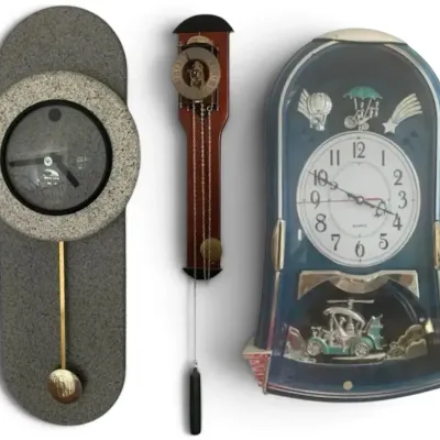 Sale Photo Thumbnail #18: Vintage Pendulum & Quartz Wall Clocks – Mechanical Hanging Clock & Travel Motif, 3-Pc Lot